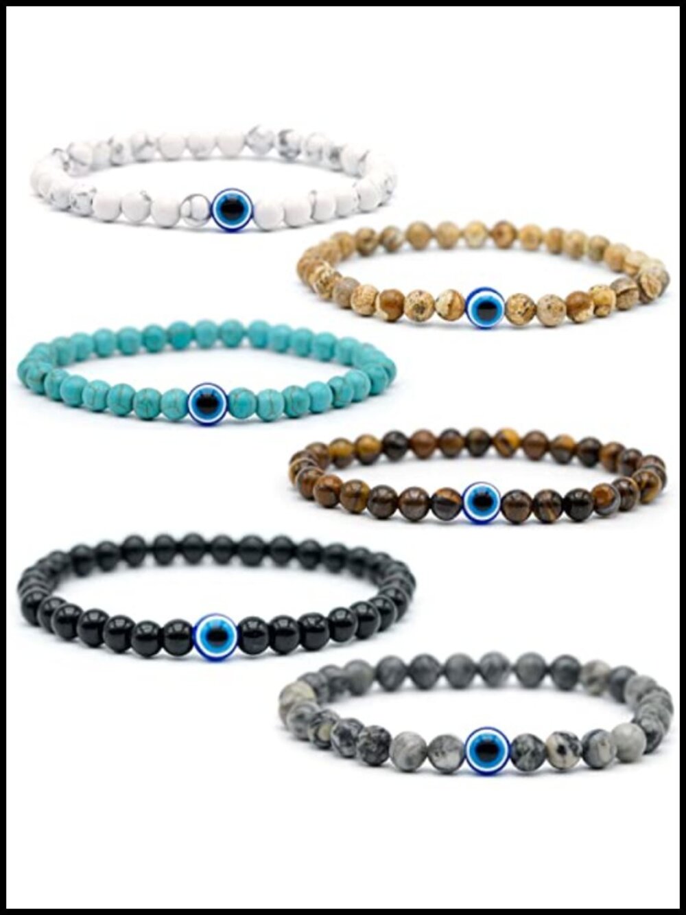 Men's Natural Stone Beaded Bracelet Set with Evil Eye Charm